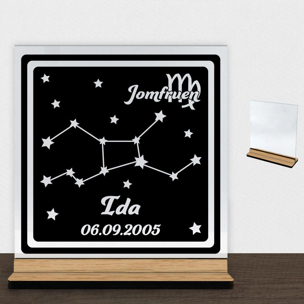 Stjernetegn "look at the stars" - Jomfruen | Glasskilt inkl. fod (træfinér)