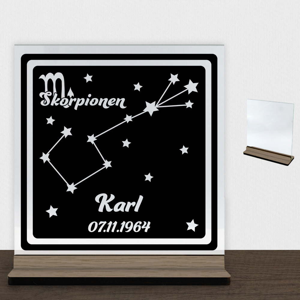 Stjernetegn "look at the stars" - Skorpionen | Glasskilt inkl. fod (træfinér)
