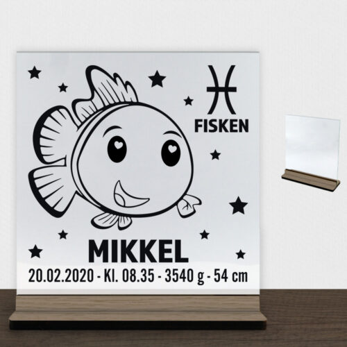 Stjernetegn design 2 - Fisken | Glasskilt inkl. fod (træfinér)