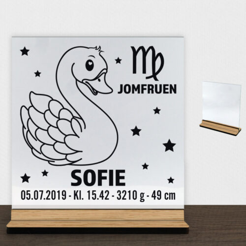 Stjernetegn design 2 - Jomfruen | Glasskilt inkl. fod (træfinér)