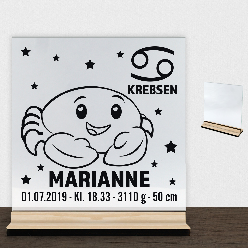 Stjernetegn design 2 - Krebsen | Glasskilt inkl. fod (træfinér)