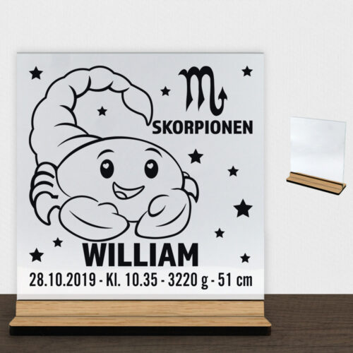 Stjernetegn design 2 - Skorpionen | Glasskilt inkl. fod (træfinér)