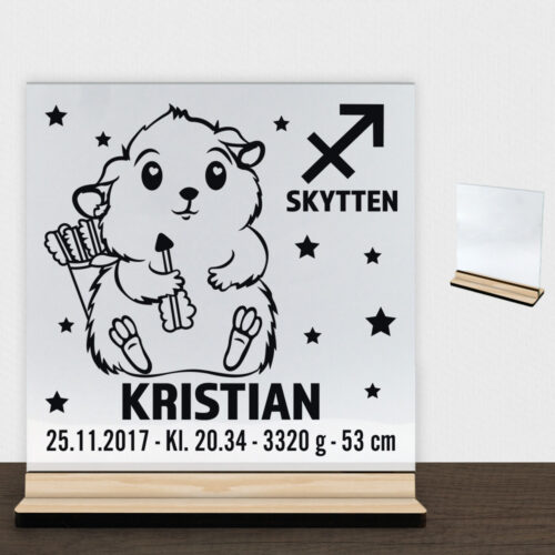 Stjernetegn design 2 - Skytten | Glasskilt inkl. fod (træfinér)