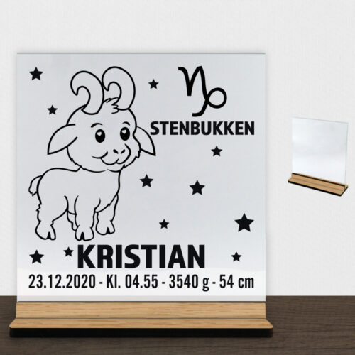 Stjernetegn design 2 - Stenbukken | Glasskilt inkl. fod (træfinér)