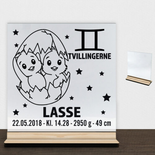 Stjernetegn design 2 - Tvillingerne | Glasskilt inkl. fod (træfinér)