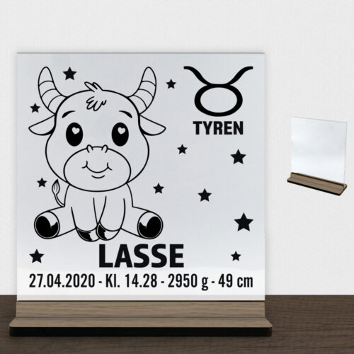 Stjernetegn design 2 - Tyren | Glasskilt inkl. fod (træfinér)