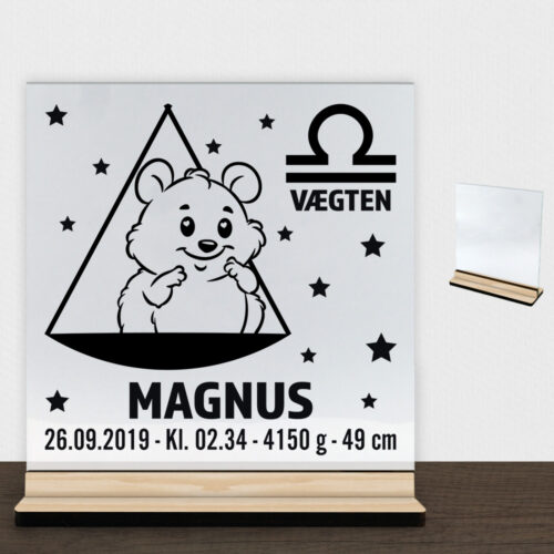 Stjernetegn design 2 - Vægten | Glasskilt inkl. fod (træfinér)