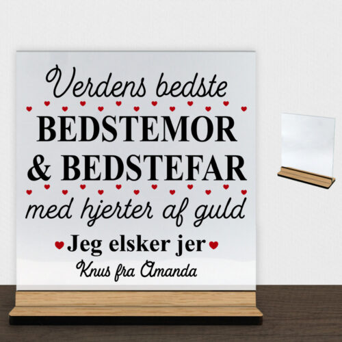 Verdens bedste bedstemor & bedstefar #1 | Glasskilt inkl. fod (træfinér)