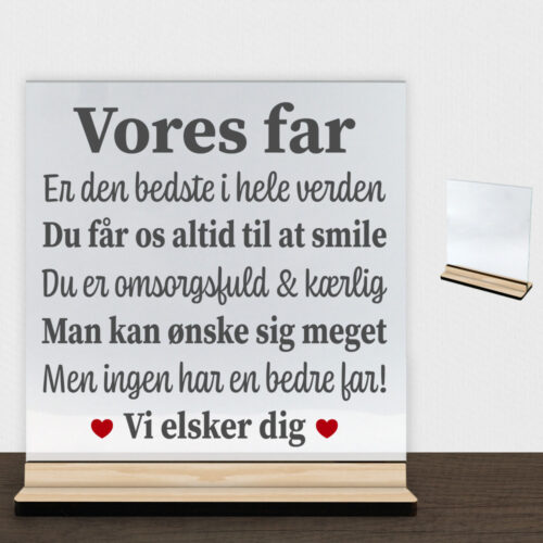 Alternative view of Min far, den bedste i hele verden | Glasskilt inkl. fod (træfinér)