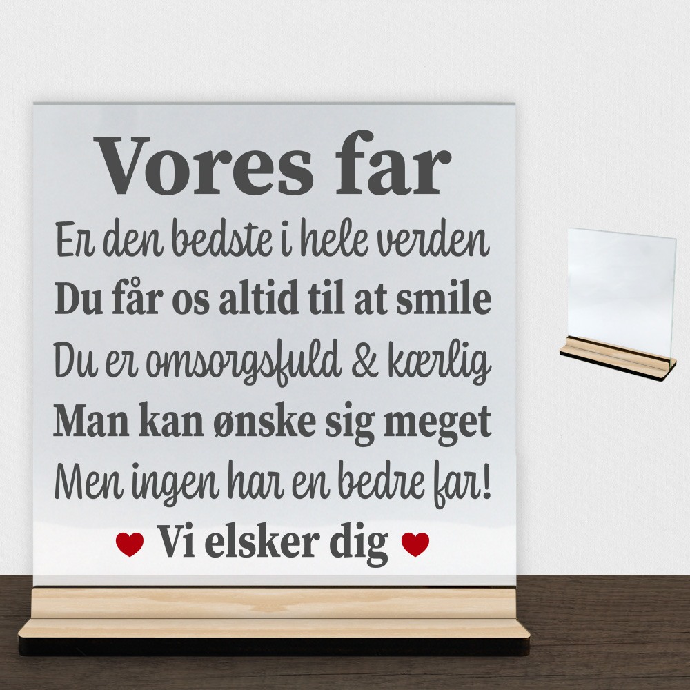 Min far, den bedste i hele verden | Glasskilt inkl. fod (træfinér) - Billede 2