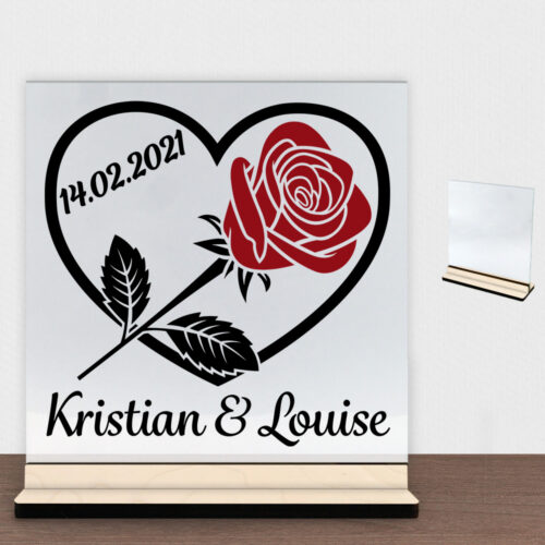 Hjerte m. rose design 1 | Glasskilt inkl. fod (poppel krydsfinér)