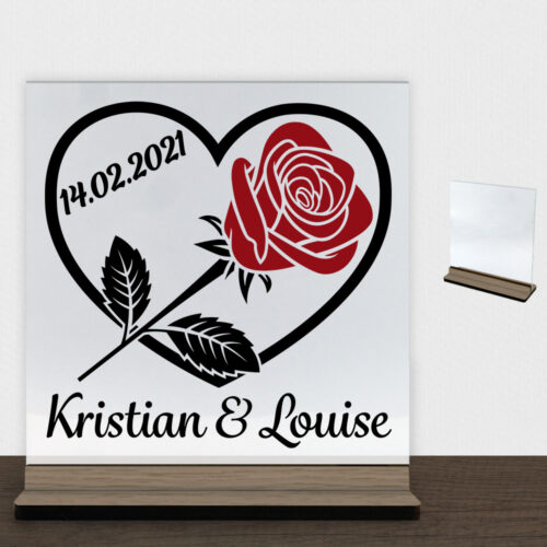 Hjerte m. rose design 1 | Glasskilt inkl. fod (træfinér)