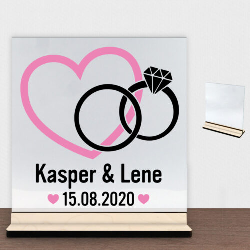 Hjerte m. ringe design 1 | Glasskilt inkl. fod (poppel krydsfinér)