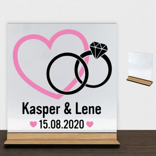 Hjerte m. ringe design 1 | Glasskilt inkl. fod (træfinér)