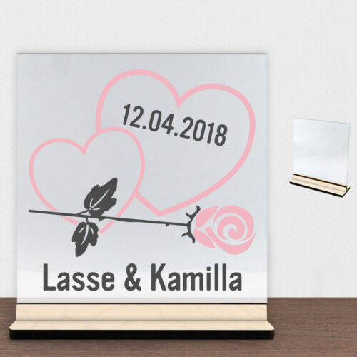 Hjerter m. rose design 2 | Glasskilt inkl. fod (poppel krydsfinér)