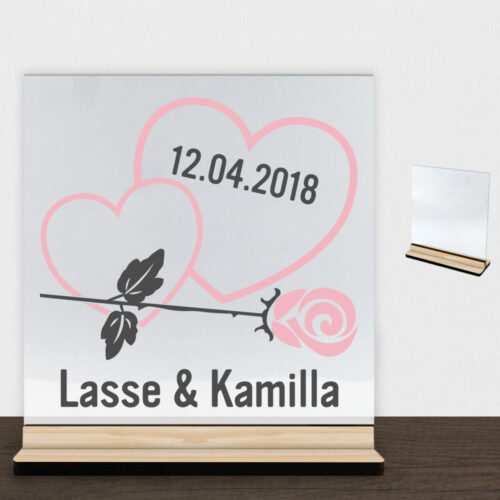 Hjerter m. rose design 2 | Glasskilt inkl. fod (træfinér)