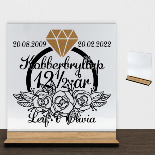 Kobberbryllup 12½ år #1 | Glasskilt inkl. fod (træfinér)