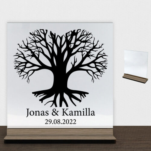 Hjertetræ m. navne | Glasskilt inkl. fod (træfinér)
