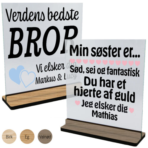 Børn, børnebørn & søskende | Glasskilte inkl. fod (træfinér)