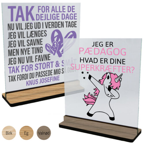 Dagplejer, pædagog & lærer | Glasskilte inkl. fod (træfinér)