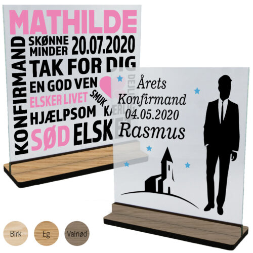 Konfirmation & nonfirmation | Glasskilte inkl. fod (træfinér)