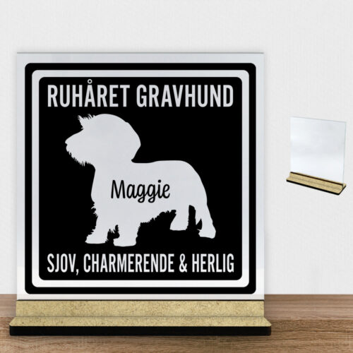 MyPets Ruhåret Gravhund #1 | Glasskilt inkl. fod (træfiber)
