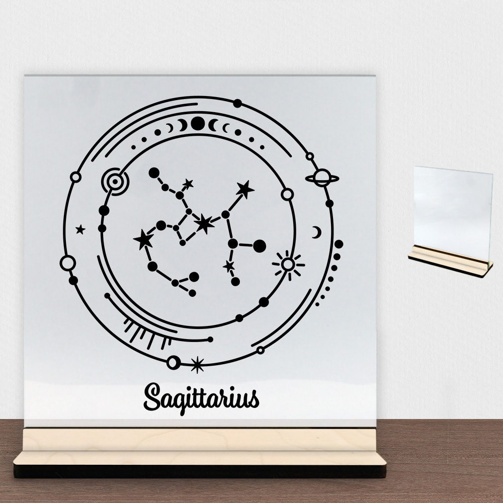 Stjernetegn "My Zodiac" - Sagittarius (skytten) | Glasskilt inkl. fod (poppel krydsfinér)