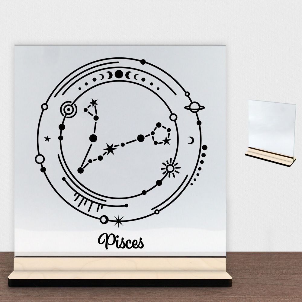 Stjernetegn "My Zodiac" - Pisces (fisken) | Glasskilt inkl. fod (poppel krydsfinér)