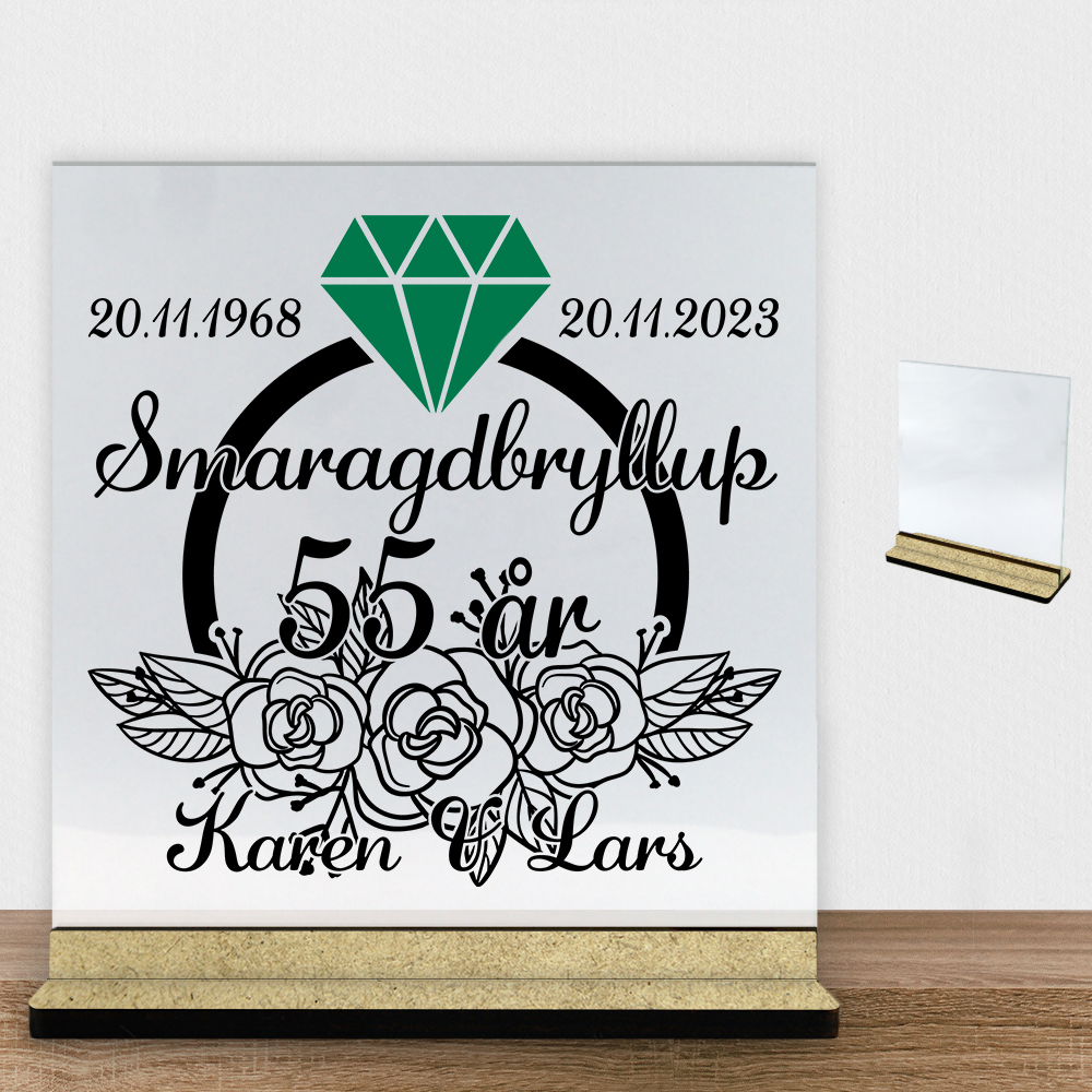 Smaragdbryllup 55 år #1 | Glasskilt inkl. fod (træfiber)