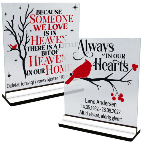 Mindetavle | Glasskilte inkl. fod (farvet overflade)