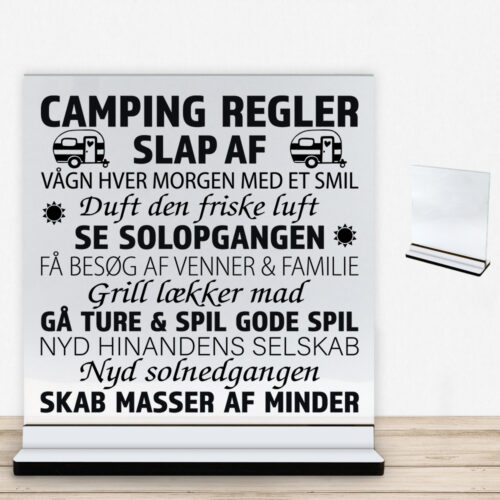 Camping regler | Glasskilt inkl. fod med farvet overflade