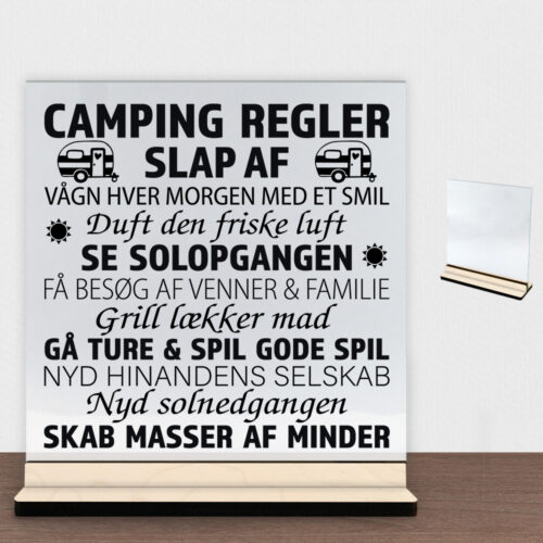Camping regler | Glasskilt inkl. fod (poppel krydsfinér)