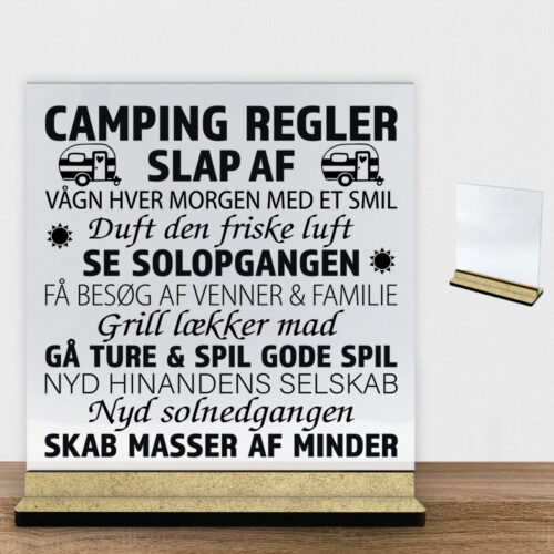 Camping regler | Glasskilt inkl. fod (træfiber)