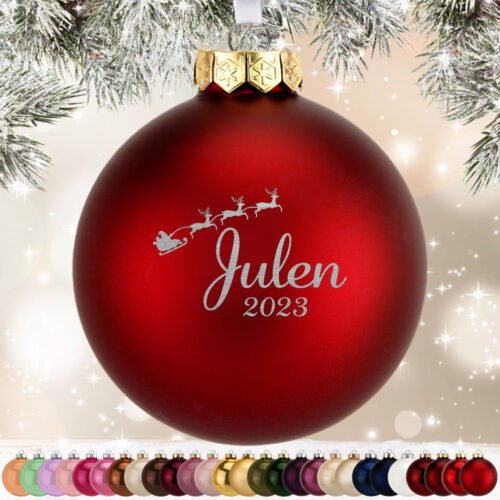 Julen "valgfrit årstal" m. julemand i kane | Julekugle glas Ø8 cm