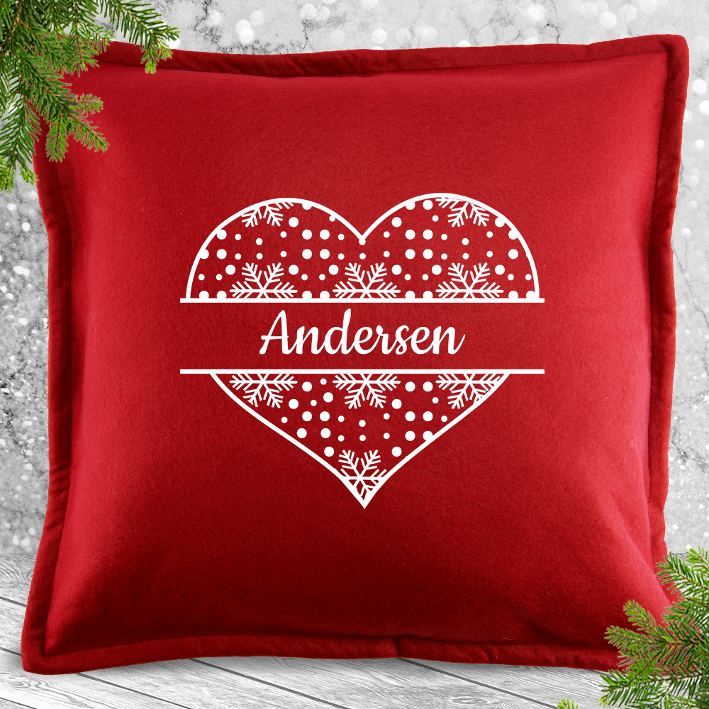 Limited edition rød julepude - Julehjerte m. snefnug | Pyntepude i filt