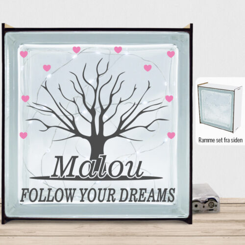 Follow Your Dreams træ m. hjerter  | Lyssten med ramme (farvet overflade)