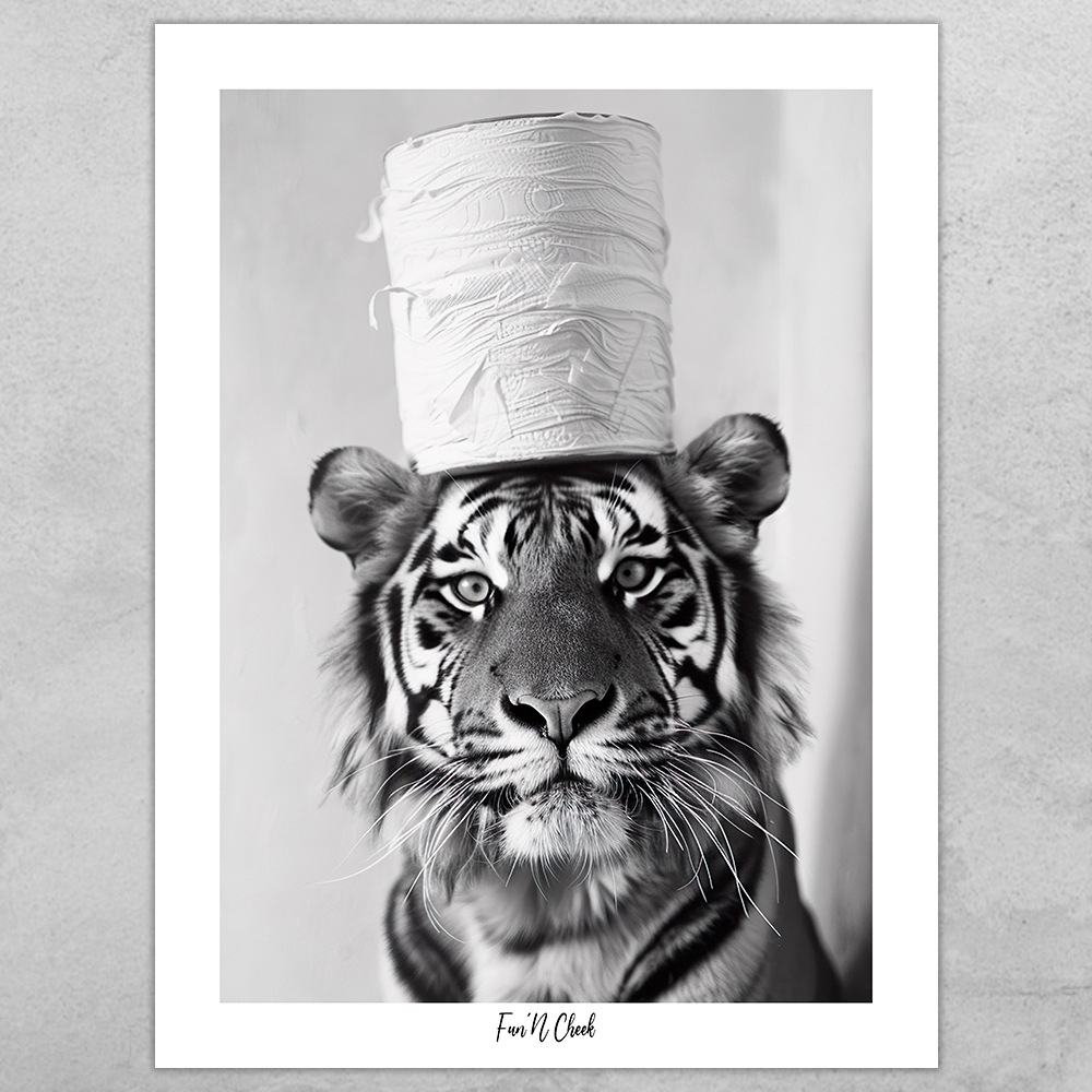 Fun'N Cheek Tiger with toilet roll on head | Plakat