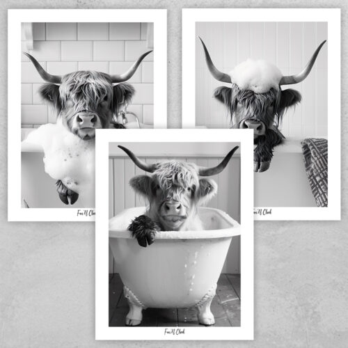 Fun'N Cheek Highland Cow taking a bath | Plakat-sæt