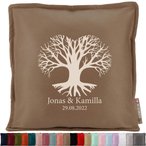 Hjerteformet livstræ m. navne | Pyntepude i filt