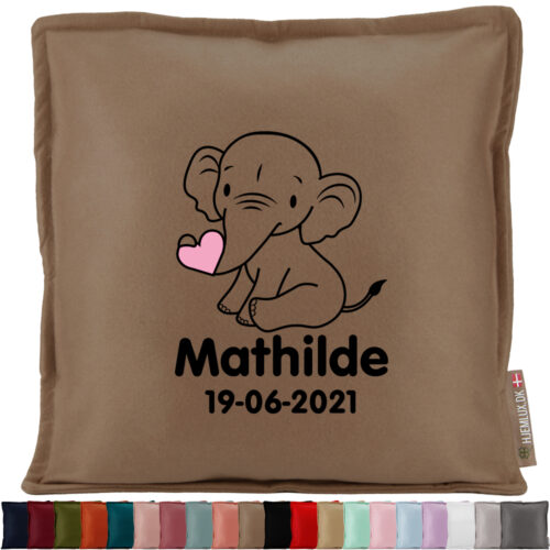Baby elefant med hjerte & fødselsdata | Pyntepude i filt