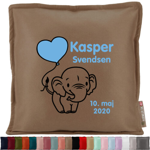 Baby elefant med hjerteballon & fødselsdata | Pyntepude i filt