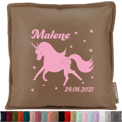 Henrivende enhjørning med stjerner, navn & dato | Pyntepude i filt