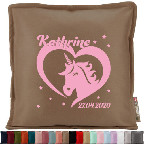 Enhjørning i stort hjerte med stjerner, navn & dato | Pyntepude i filt