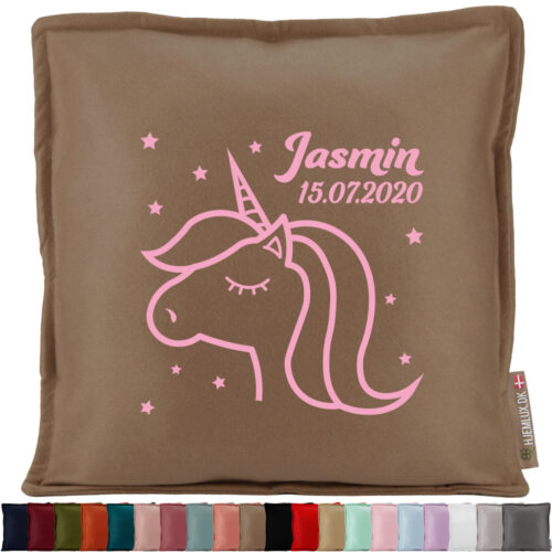 Yndefuld enhjørning med stjerner, navn & dato | Pyntepude i filt