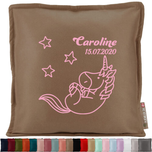 Glad enhjørning med stjerner, navn & dato | Pyntepude i filt