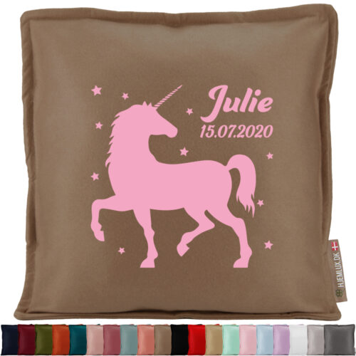 Prægtig enhjørning med stjerner, navn & dato | Pyntepude i filt