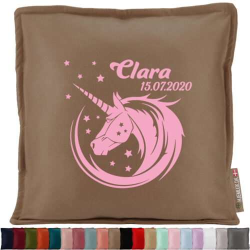 Æstetisk enhjørning med stjerner, navn & dato | Pyntepude i filt