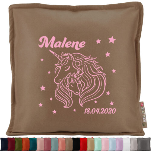 Enhjørning med sit føl, navn & dato | Pyntepude i filt