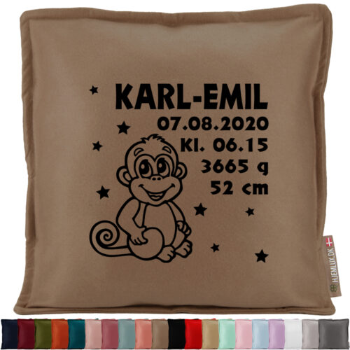 Sød abe med stjerner & fødselsdata | Pyntepude i filt