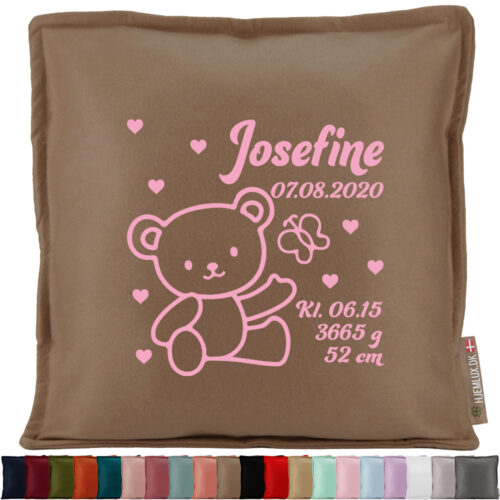 Bamse med sommerfugl, hjerter & fødselsdata | Pyntepude i filt